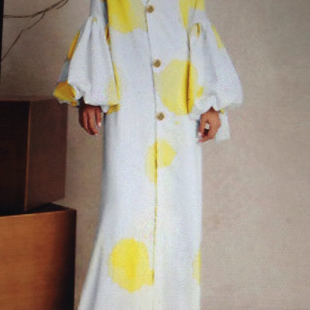 YELLOW PRINT PUFF SLEEVE BUTTON DOWN MAXI DRESS - Picture 2 of 3